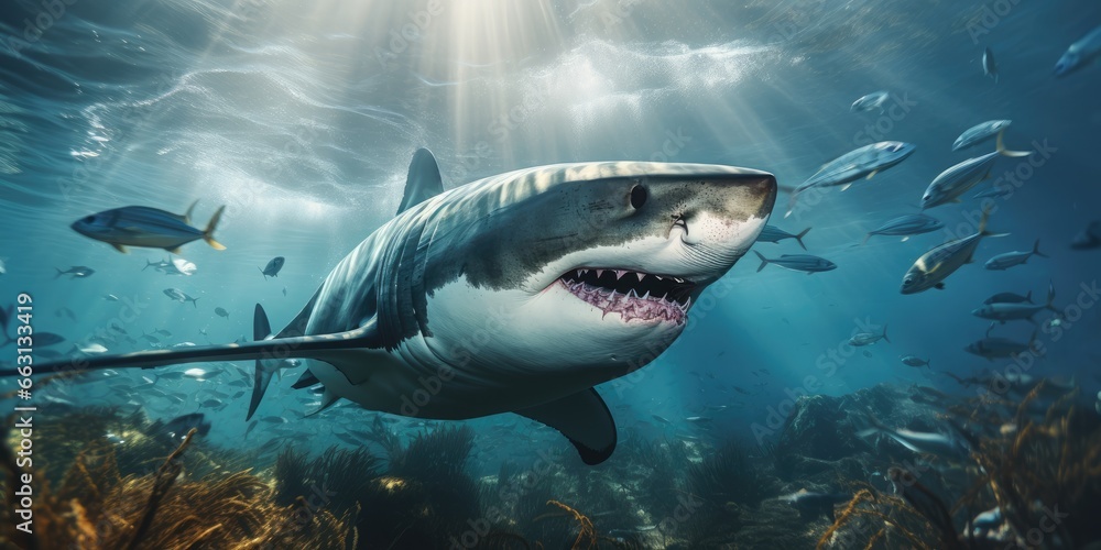 Fototapeta premium a image great white shark underwater with beautiful view, AI Generative