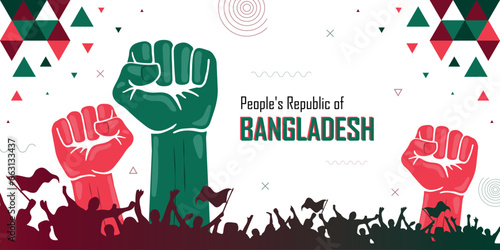 People cheer for Bangladesh, nation flag color combination patriot banner, geometric abstract background, raised fist, human hand, national celebration, strike, parade, riot, protest or rally