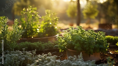 A tranquil herb garden, its fragrant basil, rosemary, and thyme plants bathed in the soft glow of a late afternoon sun, ready for harvest