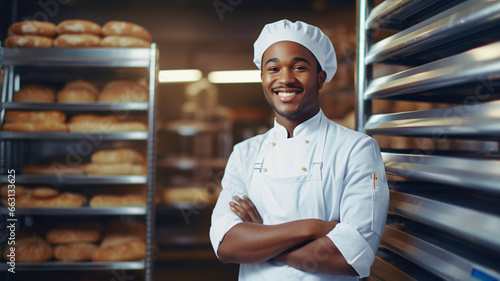 Portrait of african american male baker standing at workplace on baking manufacture.

 photo
