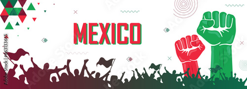 Mexico flag color combination patriot banner, geometric abstract background design, raised fist, human hands, cheering people, victory celebration, strike, parade, riot, protest or rally