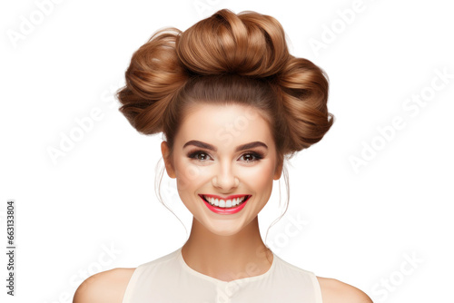 Cheerful Young Woman with Bun Hairdo Isolated on Transparent Background