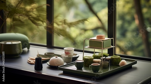 A tranquil Japanese teahouse setting, featuring a lacquered tray with perfectly arranged servings of matcha tea, delicate wagashi sweets, and a serene view of a Japanese garden photo