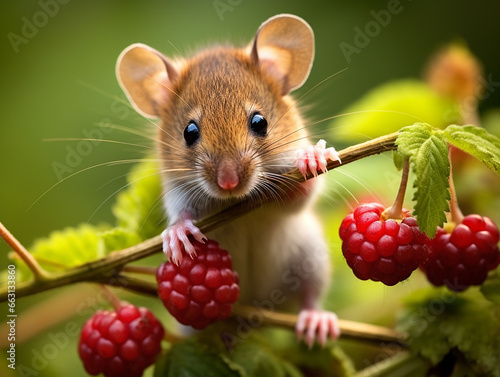 The field mouse eats the raspberry from the branch of the plant.