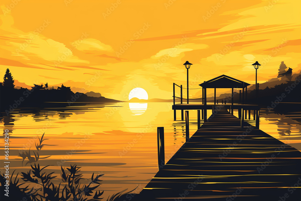 vector illustration of pier view on lake, black silhouette