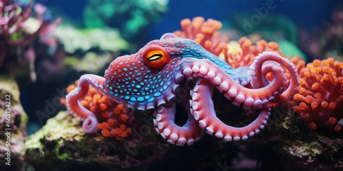 a beautiful giant octopus around beautiful colorful coral, AI Generative © Horsi