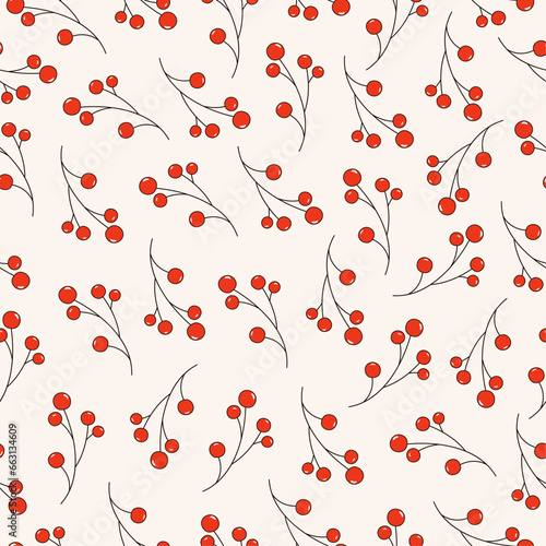 Vector seamless pattern with rowan berries.Christmas pattern with rowan branches.Thanksgiving Day.Seamless pattern for Merry Christmas with rowan.Harvest Day.Vector illustration. 