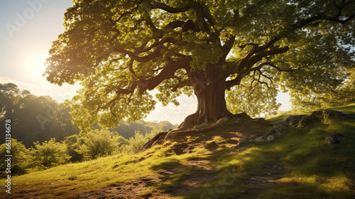 Summer or autumn nature background; big old oak tree against sunlight