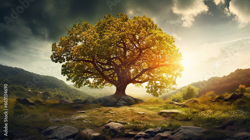 Summer or autumn nature background; big old oak tree against sunlight