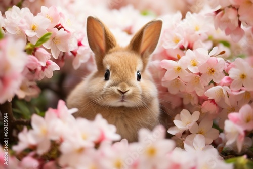 lovely bunny surrounded by pretty blossoms. Generative AI