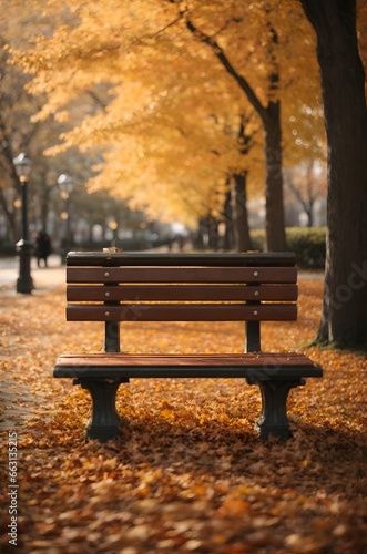 park bench covered in fallen leaves with an empty seat