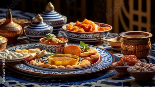 A vibrant Moroccan breakfast spread, with gleaming brass trays showcasing an assortment of flatbreads, honey-drenched pastries, and bowls of creamy yogurt, all set against intricate tilework