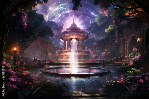 Enchanted song fountains, harmonizing with nature's melodies and creating enchanting displays - Generative AI