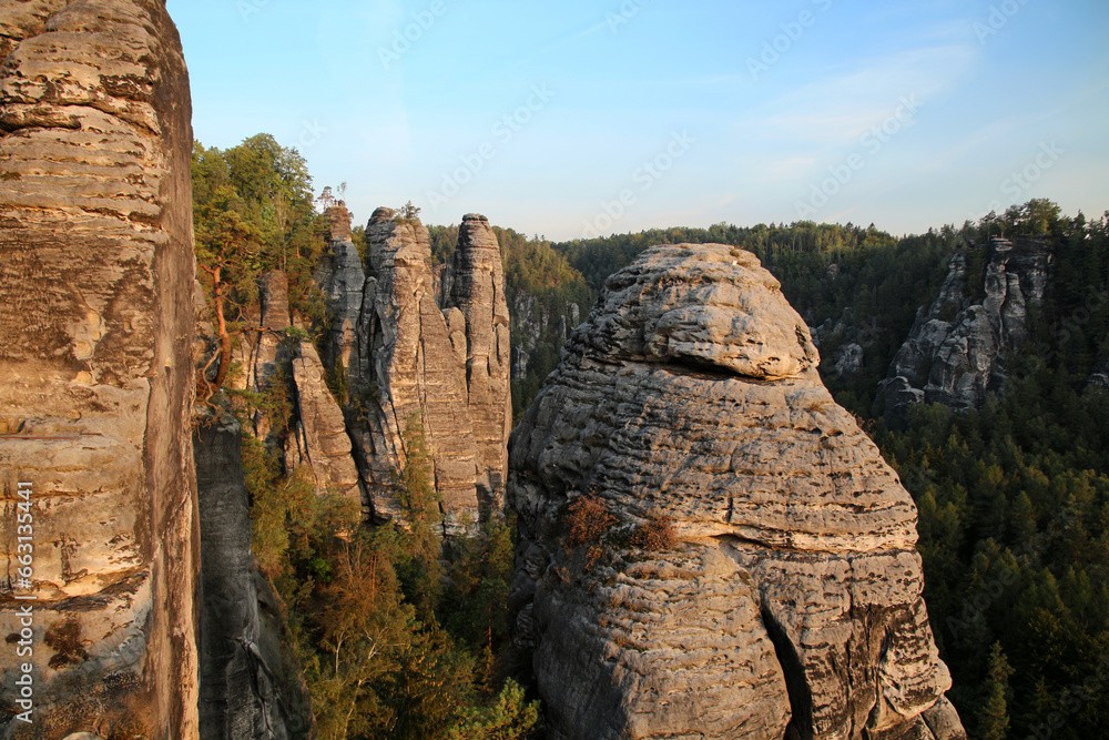 Fototapeta premium Elbe Sandstone Mountains at sunrise-Bastei Saxon Switzerland, Germany