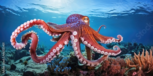 a beautiful giant octopus around beautiful colorful coral, AI Generative © Horsi