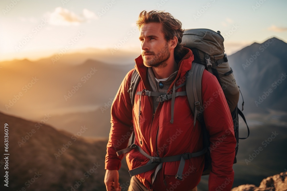 Handsome young man with backpack hiking in the mountains at sunset - obrazy, fototapety, plakaty 
