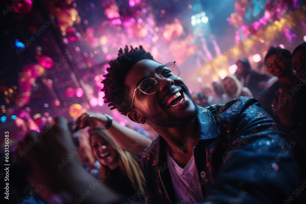 A DJ spinning holiday tunes as people groove on the dance floor, surrounded by neon decorations. Generative Ai A DJ spinning holiday tunes as people groove on the dance floor, surrounded by neon decorations. Generative Ai