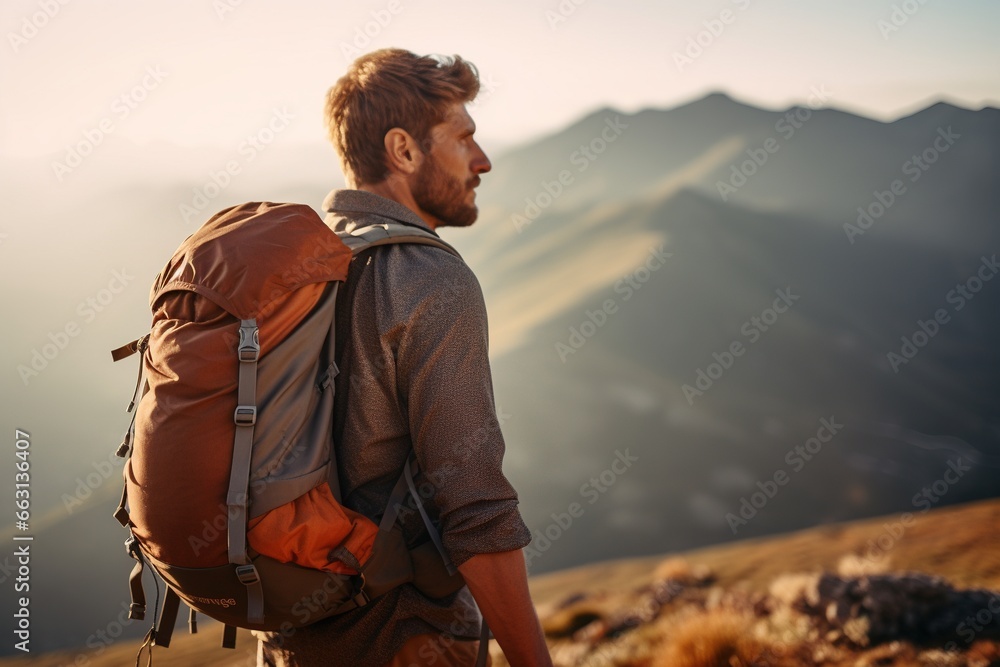 Handsome young man with backpack hiking in the mountains at sunset Handsome young man with backpack hiking in the mountains at sunset