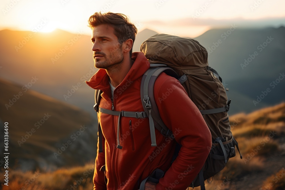 Handsome young man with backpack hiking in the mountains at sunset Handsome young man with backpack hiking in the mountains at sunset