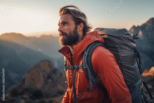 Handsome young man with backpack hiking in the mountains at sunset