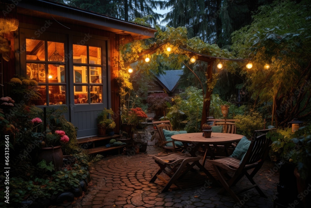 Fototapeta premium A small courtyard surrounded by greenery, simple patio furniture. Generative AI