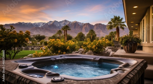 Luxury hot tub outdoor wiht mountain. Generative AI © kardaska