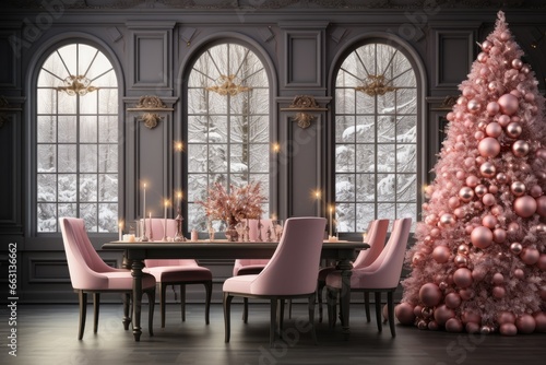Beautiful dining room with large windows and a large pink Christmas tree. Christmas home decor