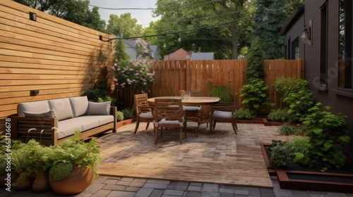 Beautiful of modern terrace with deck flooring and fence  green potted flowers plants and outdoors furniture. Cozy relaxing area at home. Generative AI