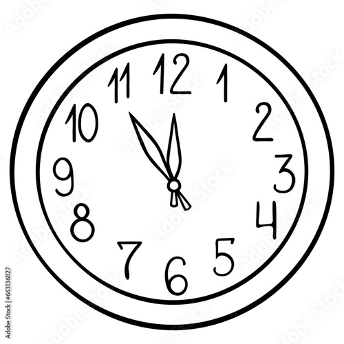 Wall Clock. Sketch. The time is five minutes before the new year. Vector illustration. Round, mechanical watch with hands. Arabic numerals on the mechanism. Doodle style. 