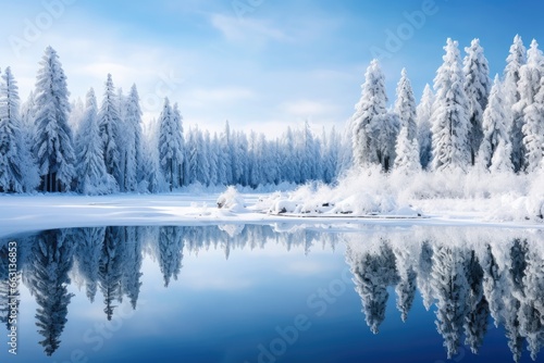 Frozen lake in snowy forest. Generative AI © kardaska