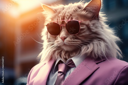 A cat is wearing sunglasses, suit and standing on street.