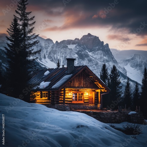 Fantastic winter landscape with wooden house in snowy mountains. Christmas and winter vacations holiday concept. Generative AI © kardaska