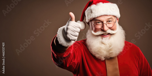 Smiling Santa Claus pointing on blank advertisement banner background with copy space