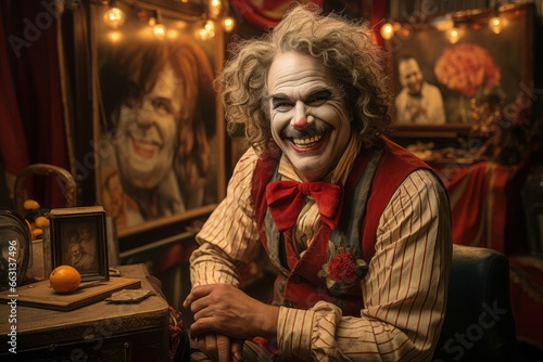 Portrait of a joyful clown with a beaming smile and a classic red nose, embracing the vintage circus atmosphere. Created with generative AI technology © AI Visual Vault