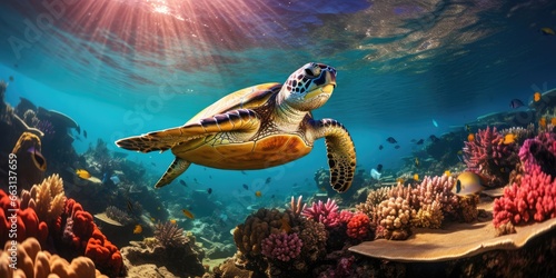 a beautiful sea turtle around very beautiful coral reef  AI Generative
