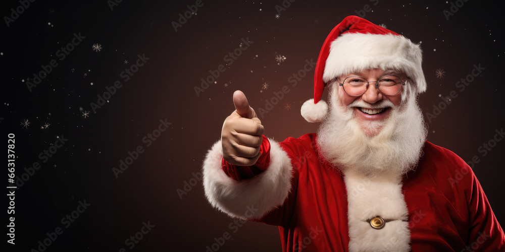 Smiling Santa Claus pointing on blank advertisement banner background with copy space