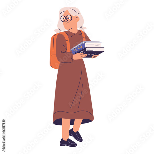 Girl in dress hold stack of books in hand, carrying backpack. Kid in glasses walk, stepping, go to study, get education. Children back to elementary school. Flat isolated vector illustration on white