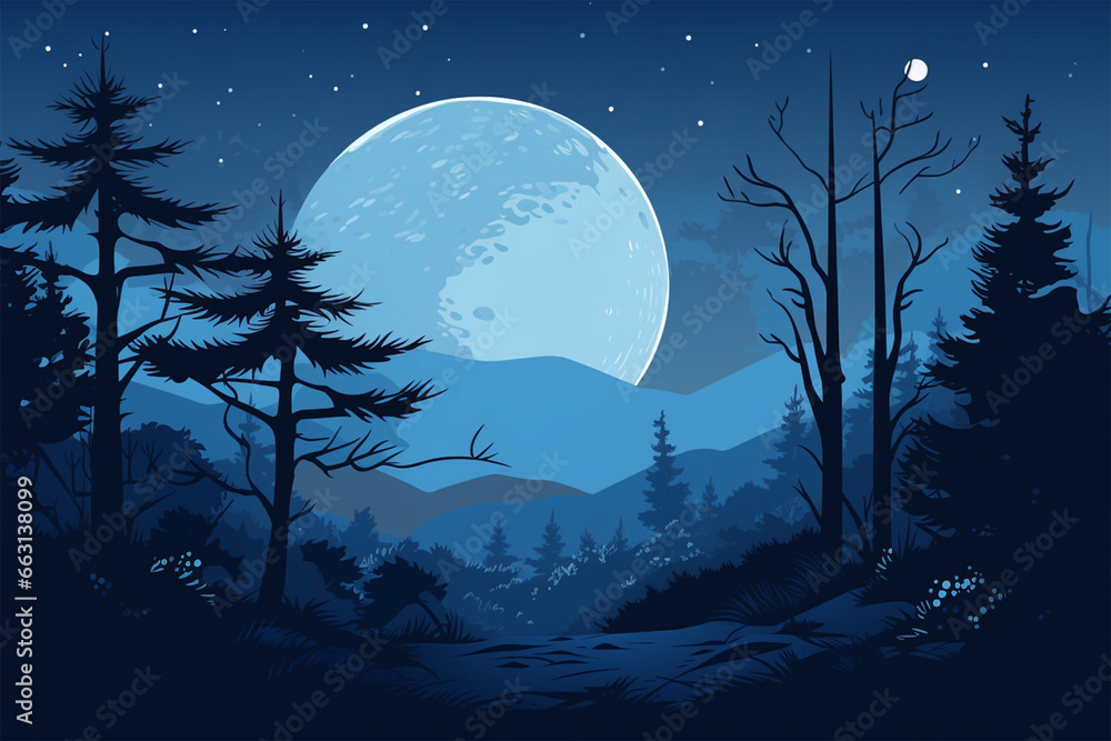 vector illustration of forest scene at night blue silhouette