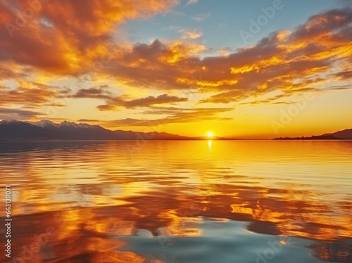 Bright sunset over Lake golden clouds reflect in the water. © ABDULHAMID
