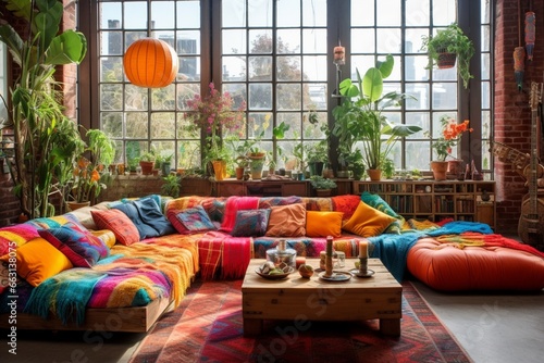 Create a bohemian-style living room with eclectic furniture and vibrant textiles