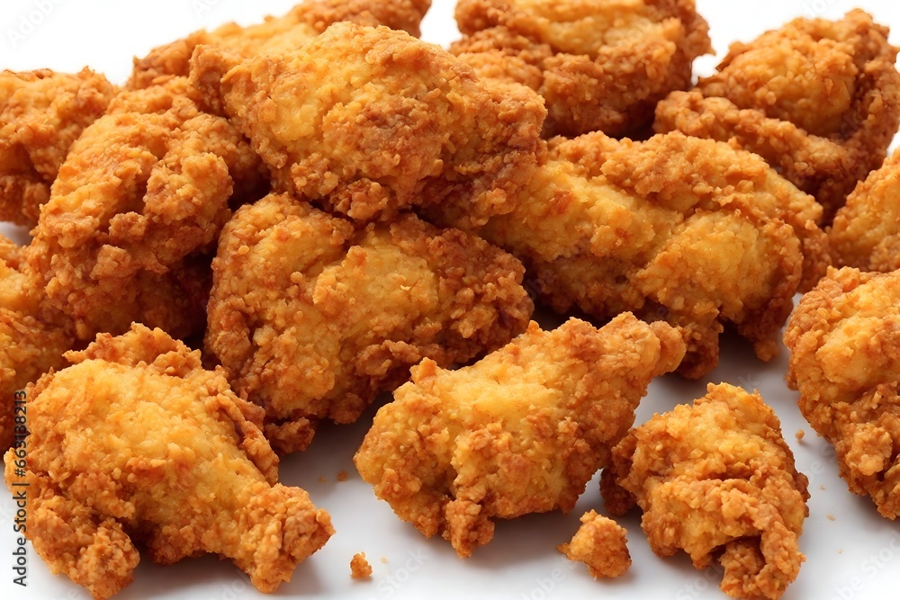 Chicken pieces coated in a seasoned breading and deep-fried Chicken pieces coated in a seasoned breading and deep-fried
