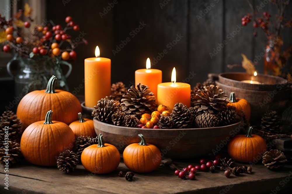 The decorative pumpkins, and candles on a rustic table, leaving room for text or graphics. The decorative pumpkins, and candles on a rustic table, leaving room for text or graphics.