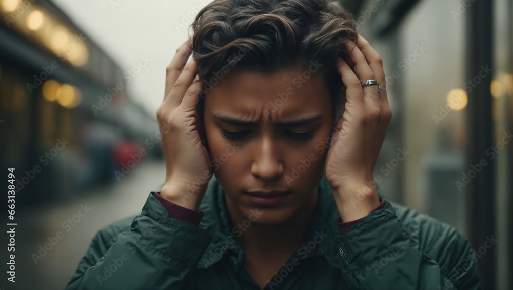 A person holding their head in discomfort, highlighting symptoms like a headache A person holding their head in discomfort, highlighting symptoms like a headache