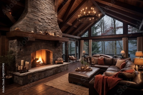 Create a cozy, rustic cabin interior with wooden beams and a stone fireplace
