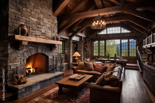 Create a cozy, rustic cabin interior with wooden beams and a stone fireplace
