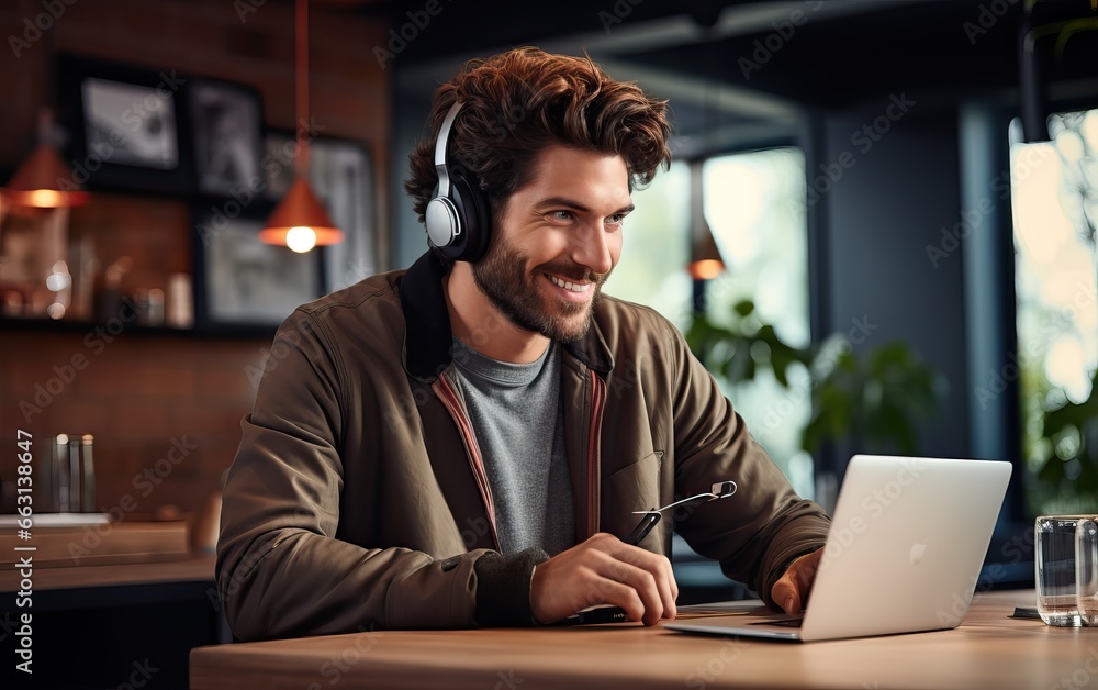 a young man in headphones working in front of a laptop monitor at home. Online streaming or online video call. Modern technology. a young man in headphones working in front of a laptop monitor at home. Online streaming or online video call. Modern technology.