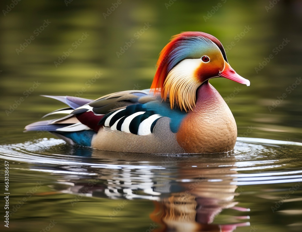 Closeup of mandarin duck swimming in lake. Closeup of mandarin duck swimming in lake.