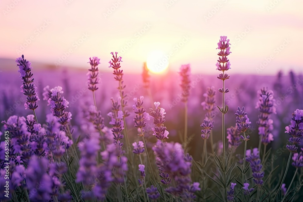Naklejka premium Close up lavender flowers in beautiful field at sunset.