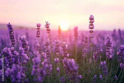 Close up lavender flowers in beautiful field at sunset. © ABDULHAMID