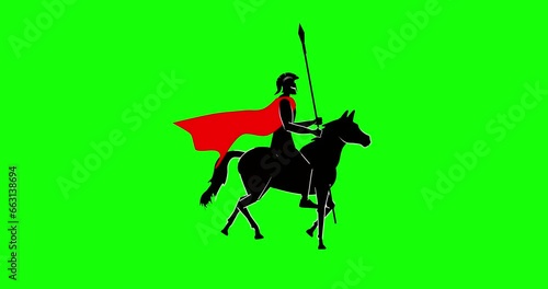 Ancient greek warrior on horse silhouette 2d animation on green screen